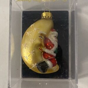 Vintage Hand Crafted Santa On Half Moon Glass Ornament